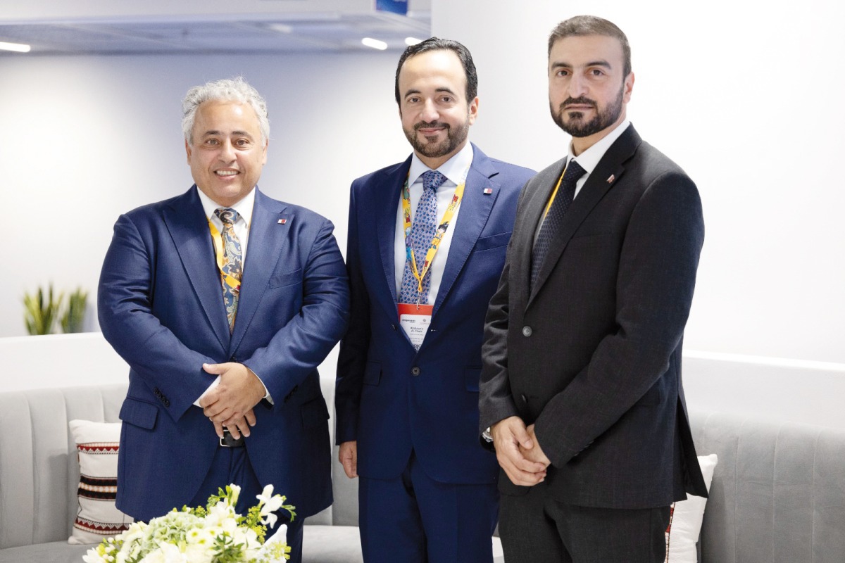 CEO of Qatar Media Corporation H E Sheikh Abdulaziz bin Thani Al Thani (centre); CEO of Media City Qatar Eng Jassim Mohamed Al Khori (right) and Ambassador of Qatar to France H E Sheikh Ali bin Jassem Al Thani at MIPCOM in Cannes.