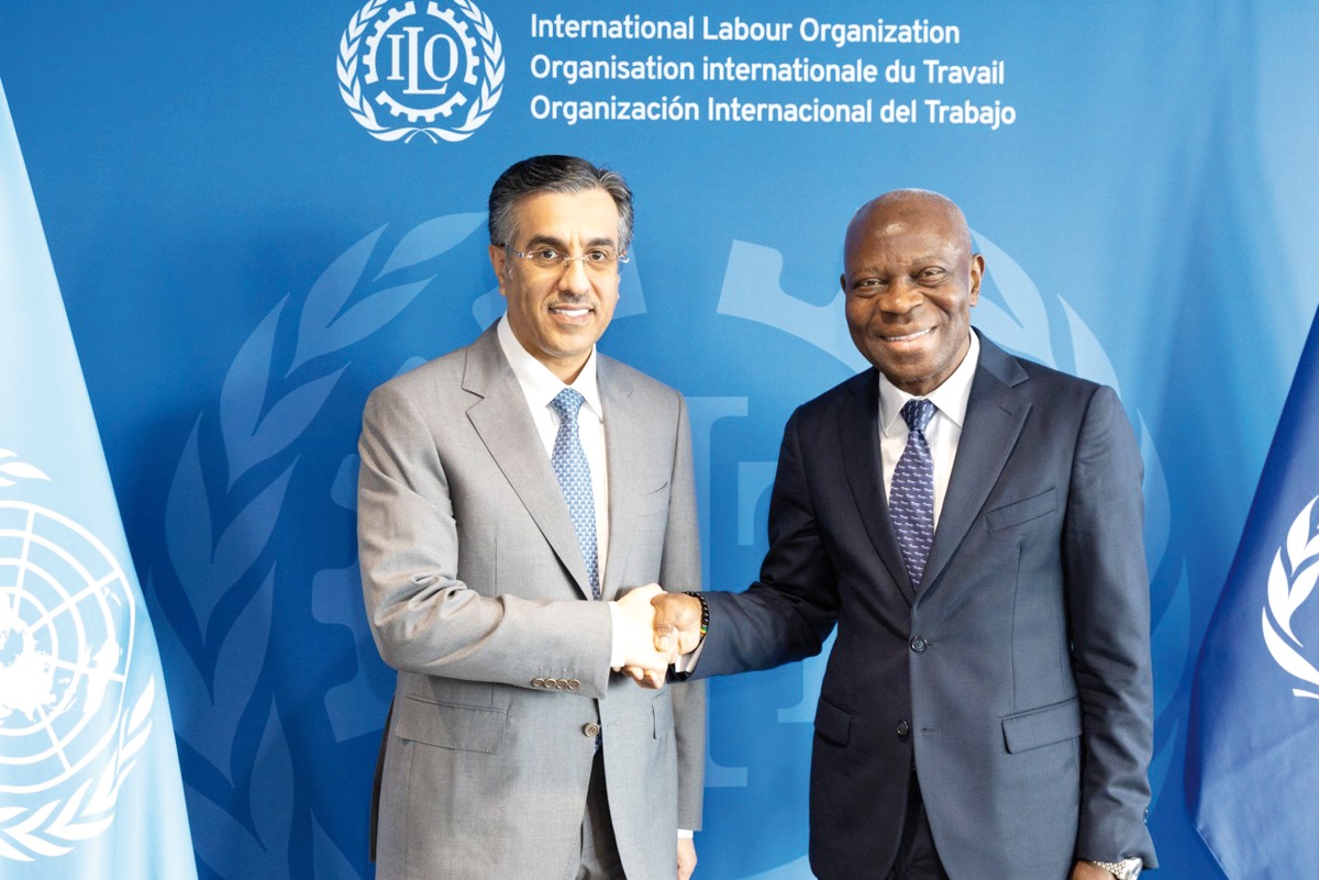Minister of Labour H E Dr. Ali bin Smaikh Al Marri meeting with Director-General of the International Labour Organization H E Gilbert Houngbo in Geneva, yesterday.

