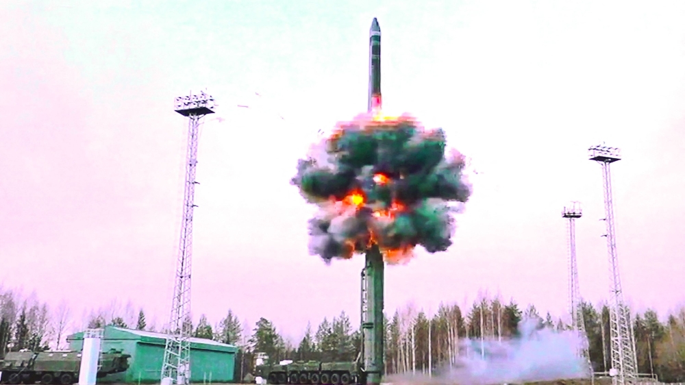 This grab from a handout footage released by the Russian Defence Ministry press service on October 29, 2024, shows the launch of a Yars intercontinental ballistic missile during drills of the strategic deterrence forces. (Photo by Handout / Russian Defence Ministry / AFP) 