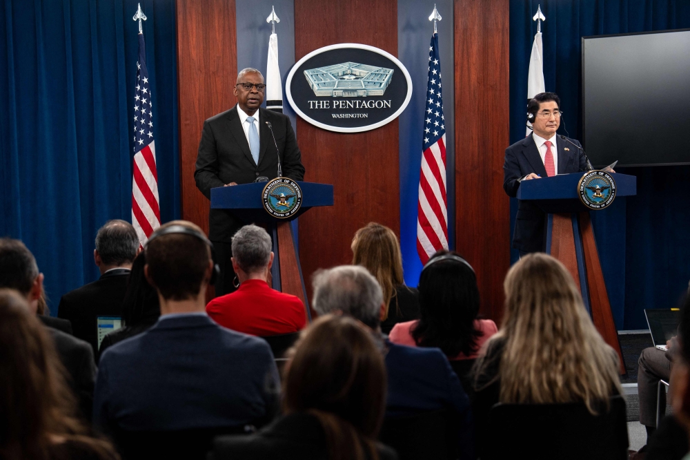 US Secretary of Defence Lloyd Austin speaks during a press conference with South Korean Defense Minister Kim Yong Hyun at The Pentagon on October 30, 2024 in Arlington, Virginia. (Kent Nishimura / Getty Images via AFP)
