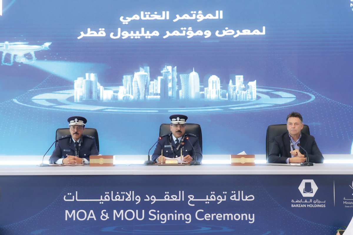 Chairman of the Milipol Qatar Committee Maj Gen Nasser bin Fahad Al Thani;  Milipol committee member Maj Gen Saud Rashid Al Shafi and CEO of CIVIPOL and Chairman of the Milipol International Exhibitions Network Yann Jounot during the press conference.