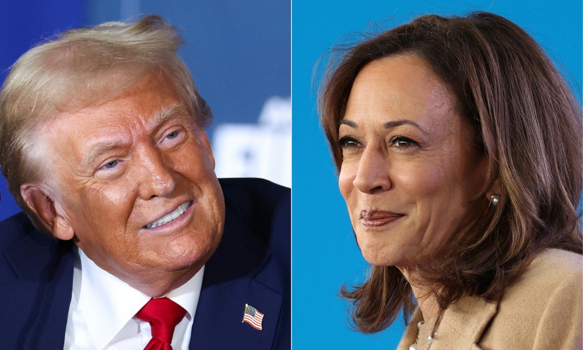 This combination of pictures created on November 03, 2024 shows former US President and Republican presidential candidate Donald Trump (L) takes part in a roundtable discussion hosted by Building America’s Future in Drexel Hill, Pennsylvania, on October 29, 2024, and US Vice President and Democratic presidential candidate Kamala Harris (R) speaks during a campaign rally in Charlotte, North Carolina, on November 2, 2024. Photo by Charly TRIBALLEAU / AFP.