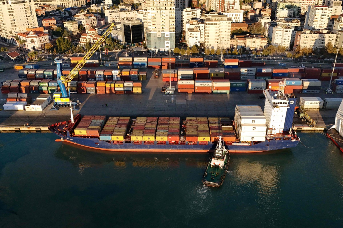 Turkish-flagged Moliva container ship, carrying hundreds of tonnes of possibly toxic industrial waste, enters the port of Durres, on November 8, 2024. Photo by ADNAN BECI / AFP