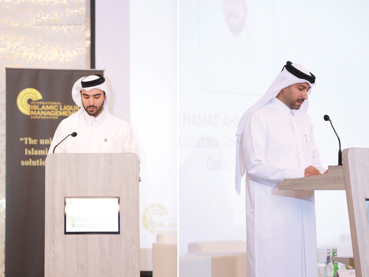 QCB Assistant Governor for Financial Instruments and Payment Systems Sheikh Ahmed bin Khalid Al Thani (left) and QCB Assistant Governor for Supervision Hamad Ahmed Al Mulla speaking during the event.
