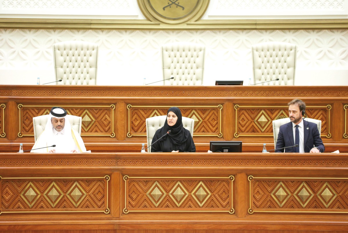 Shura Council Deputy Speaker H E Dr. Hamda bint Hassan Al Sulaiti (centre) addressing the closing plenary of the Doha Youth Parliamentary Forum.