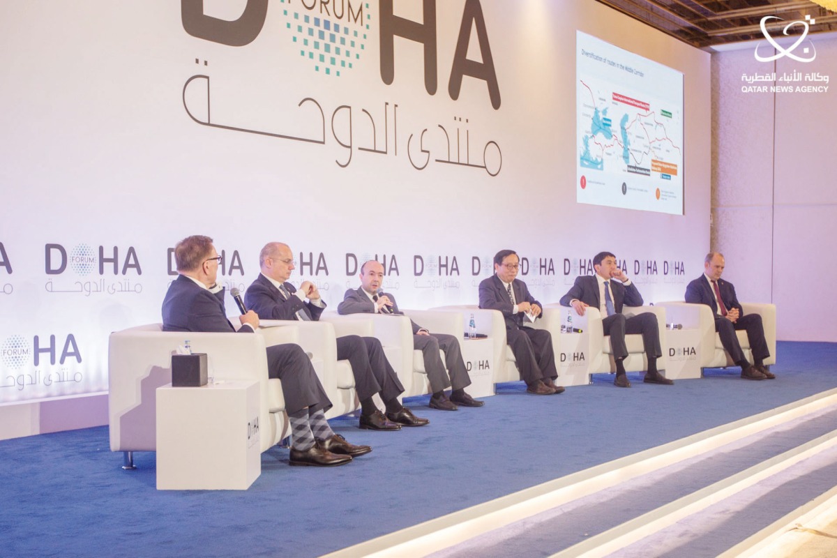 Minister for Europe and Foreign Affairs of Albania, H E Igli Hasani; Deputy Minister of Foreign Affairs of Azerbaijan, H E Fariz Rzayev; President of Center for China and Globalisation, Victor Gao; Chairman, KAZENERGY Association, Magzum Mirzagaliyev; and Senior Fellow at The Fletcher School Tufts University, Joshua Lincoln during the panel session at Doha Forum 2024, yesterday.