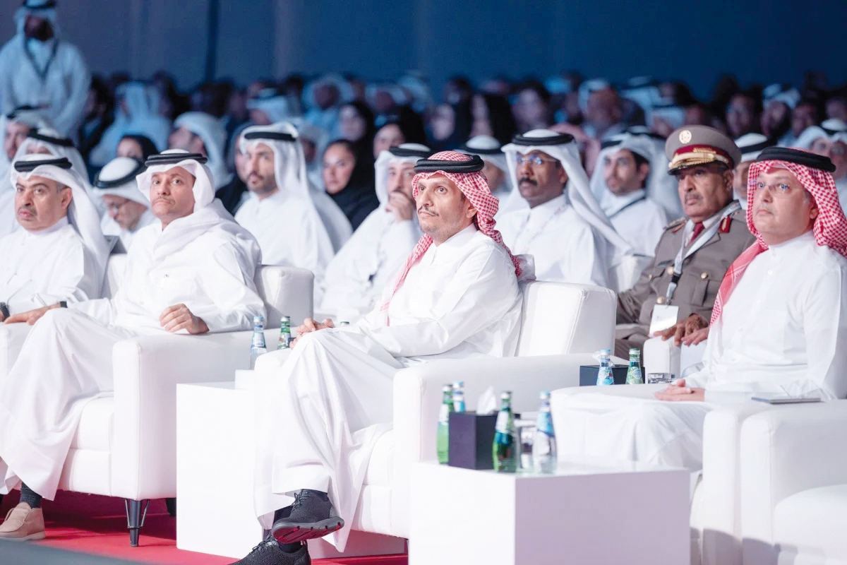 Prime Minister and Minister of Foreign Affairs H E Sheikh Mohammed bin Abdulrahman bin Jassim Al Thani and Deputy Prime Minister and Minister of State for Defence Affairs H E Sheikh Saoud bin Abdulrahman bin Hassan bin Ali Al Thani with Their Excellencies Ministers and other dignitaries at the inauguration of World Summit AI yesterday.