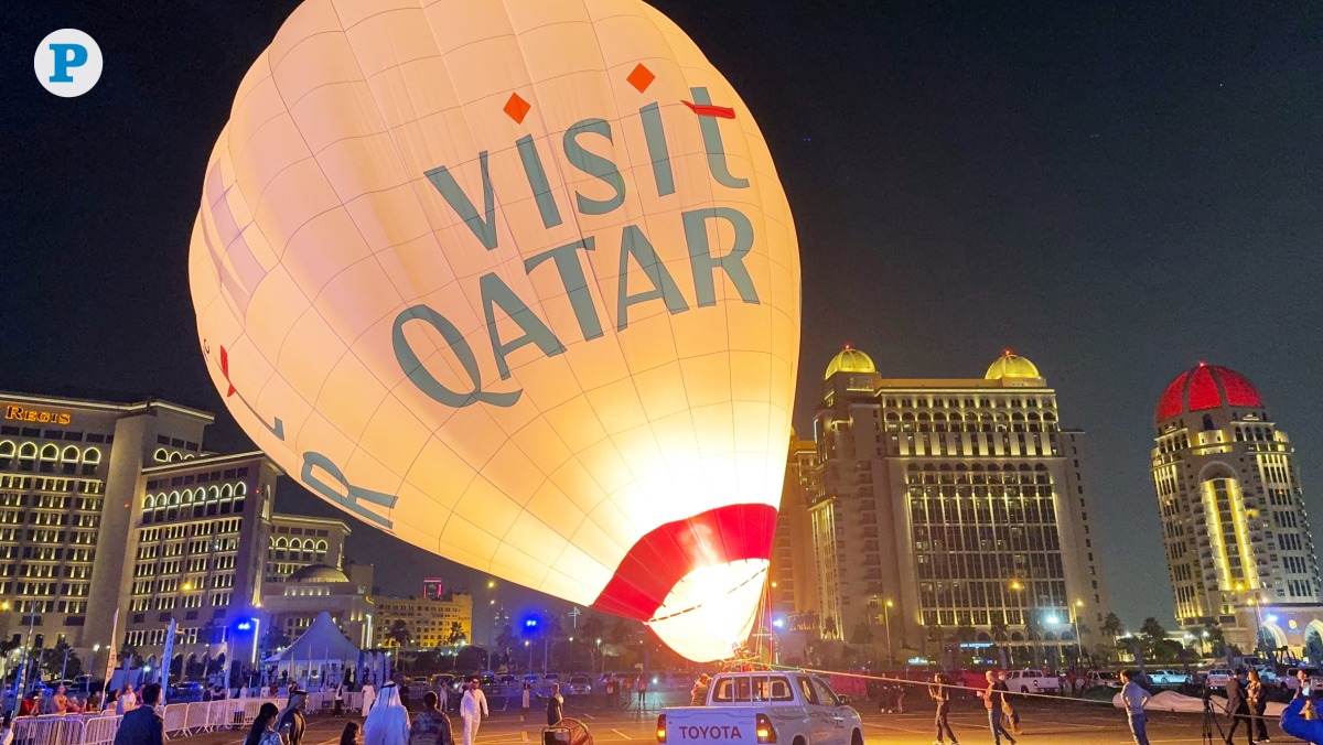 A Visit Qatar hot air balloon inflated to mark the opening ceremony of the fifth edition of the Qatar Balloon Festival in Katara. Photo by Oussama Abbassi/ The Peninsula.