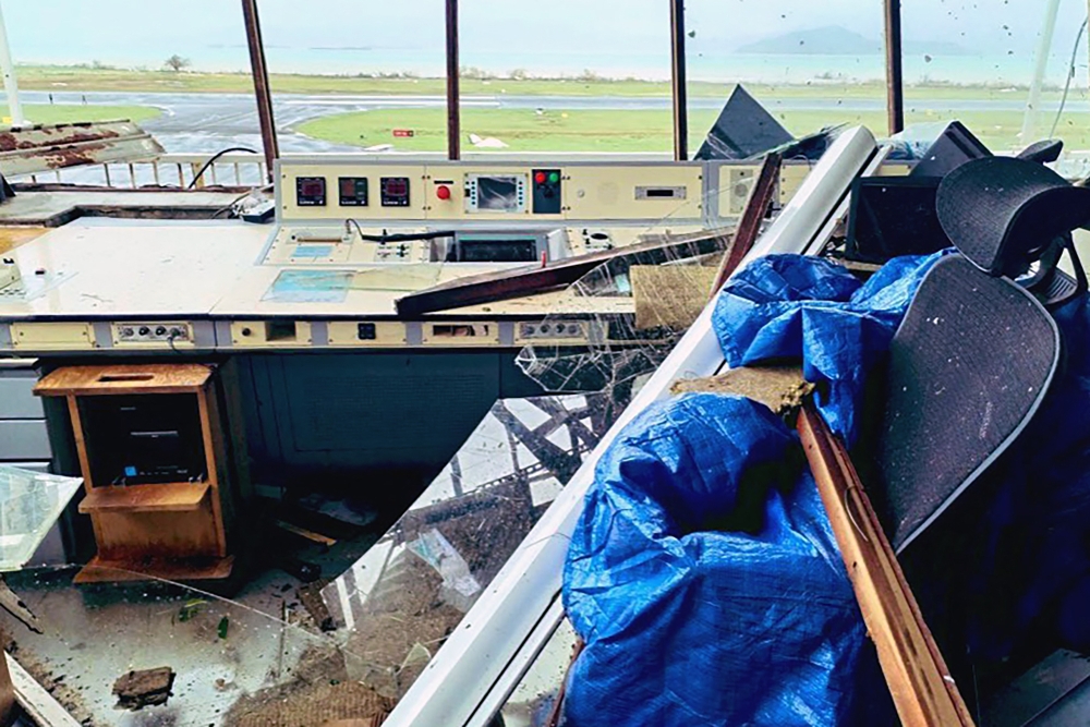 This handout photograph taken and released by the General Direction of the civil aviation on December 14, 2024 shows damage in the control tower at the airport in Pamandzi, hours after Cyclone Chido batterred the French Indian Ocean island of Mayotte with winds of up to 220 kilometres (137 miles) per hour. (Photo by Handout / DGAC / AFP)