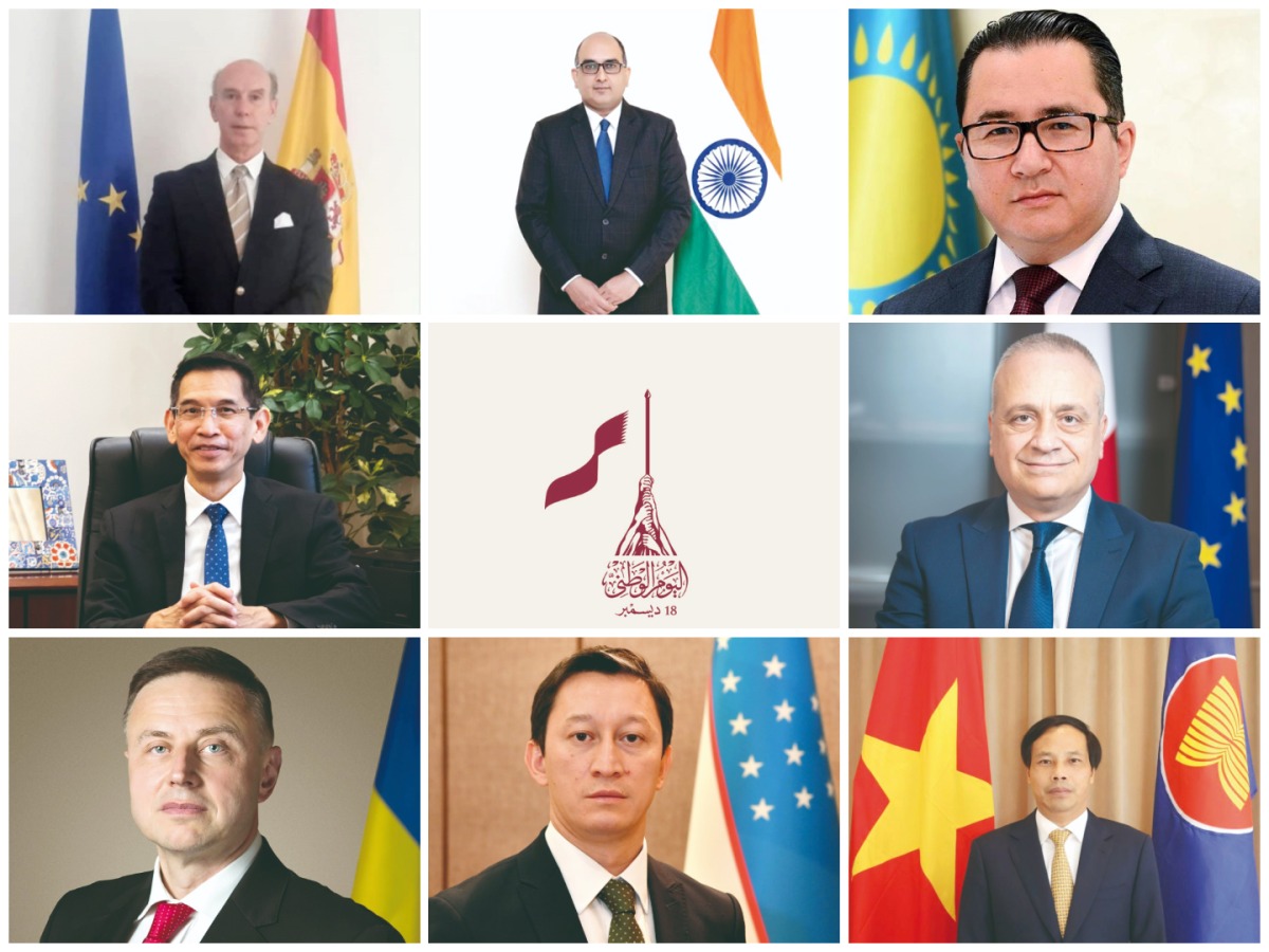 Clockwise from top left: Spain Ambassador to Qatar H E Javier Carbajosa Sanchez, India Ambassador to Qatar H E Vipul, Kazakhstan Ambassador to Qatar H E Arman Issagaliyev, Malta Ambassador to Qatar H E Simon Pullicino, Vietnam Ambassador to Qatar H E Nguyen Huy Hiep, Uzbekistan Ambassador to Qatar H E Ashraf Khodjaev, Ukraine Ambassador to Qatar H E Andrii Kuzmenko and Thailand Ambassador to Qatar H E Sira Swangsilpa