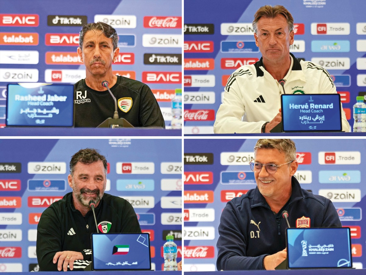Clockwise from top left: Oman coach Rasheed Jaber, Saudi Arabia coach Herve Renard, Bahrain coach Dragan Talajic and Kuwait coach Juan Pizzi during the press conferences.