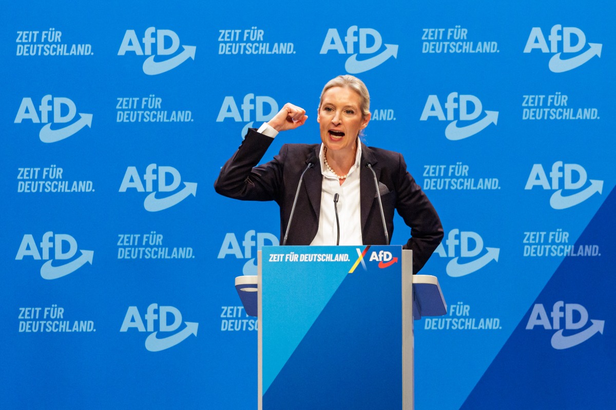Alice Weidel, co-leader of Germany's far-right Alternative for Germany (AfD) party, addresses delegates during a party congress on January 11, 2025 in Riesa, eastern Germany. (Photo by JENS SCHLUETER / AFP)
