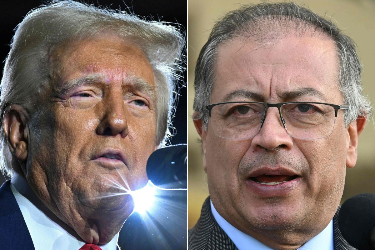 (COMBO) This combination of pictures created on January 26, 2025 shows US President Donald Trump in Las Vegas, Nevada, on January 25, 2025 and Colombian President Gustavo Petro in Bogota on May 31, 2024. (Photo by Mandel NGAN and Raul ARBOLEDA / AFP)
