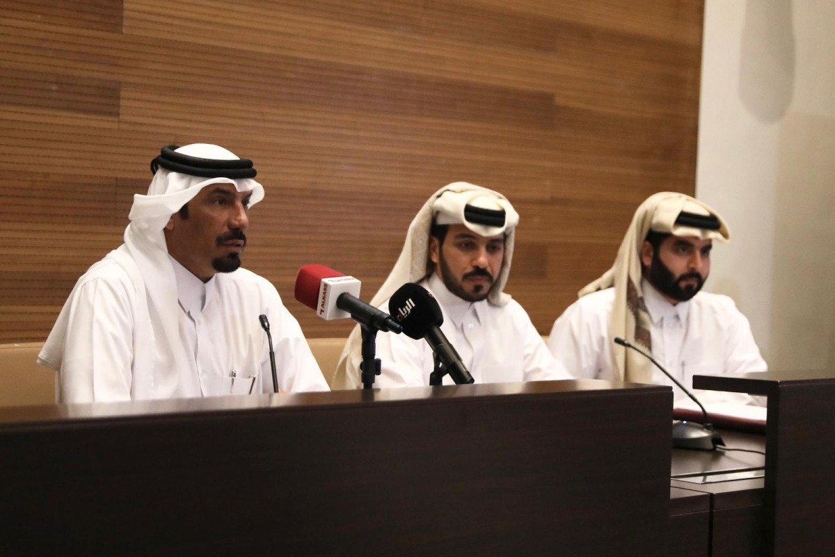 Member of the Municipal Council and Chairman of the Organising Committee Hassan bin Ali Al Ishaq, Tournament Director Youssef bin Ali Abdul Nour and Executive Director of the Qatar Sports for All Federation Abdullah Al Dosari during a press conference.