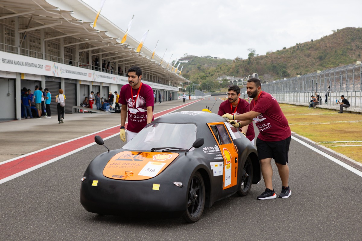 Team GERNAS ICE from Qatar University competing in the Urban Concept-Internal Combustion Engine category with their vehicle during day two of Shell Eco-marathon Asia Pacific and Middle East 2024 at the Mandalika Circuit in Lombok, Indonesia.