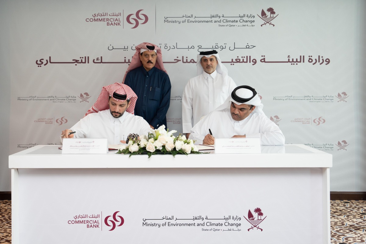 Minister of Environment and Climate Change H E Dr. Abdulla bin Abdulaziz bin Turki Al Subaie, and Board Member of Commercial Bank H E Abdulrahman bin Hamad Al Attiyah witnessing an agreement signed by Assistant Undersecretary for Conservation and Nature Reserves Affairs Dr. Ibrahim Abdullatif Al Muslamani, and EGM, Chief Wholesale and International Banking Officer Fahad Badar.