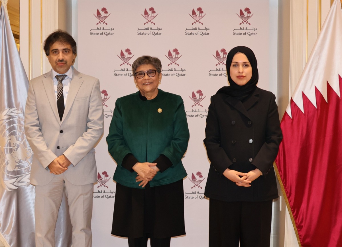 Permanent Representative of Qatar to UN H E Sheikha Alya Ahmed bin Saif Al Thani (right), Director General of QFFD H E Fahad Al Sulaiti (left), and the UN Under-Secretary-General and High Representative for OHRLLS H E Rabab Fatima on the occasion.
