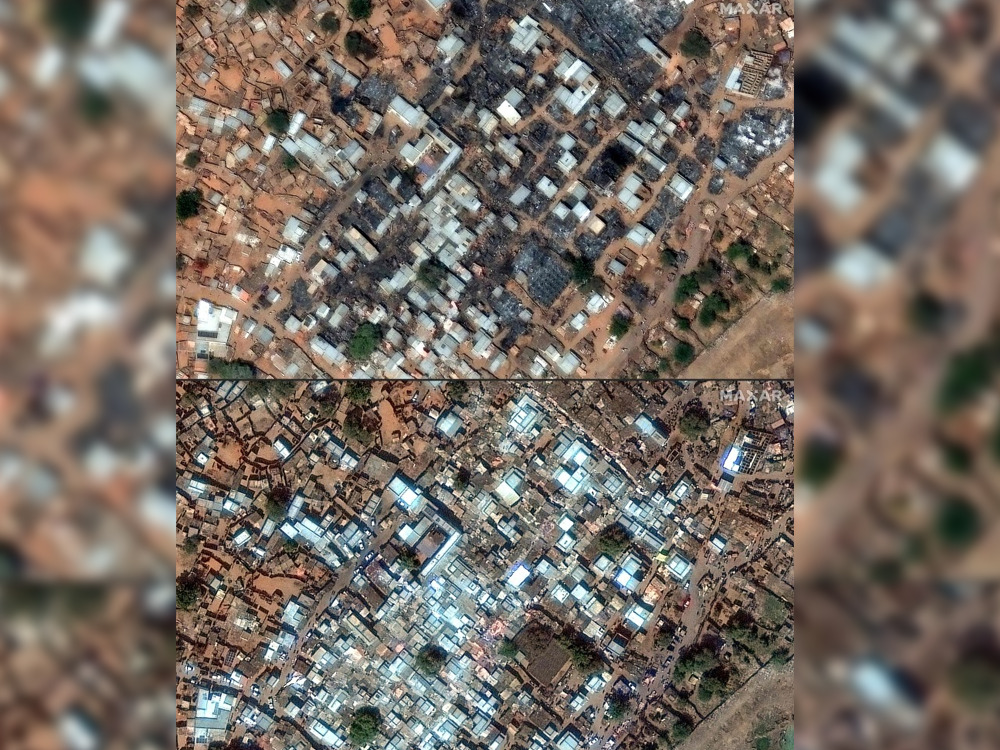 (COMBO) This combination of pictures created on February 13, 2025, shows (bottom) a handout image courtesy of Maxar Technologies showing the entrance to the Zamzam camp near North Darfur's besieged capital El-Fasher on January 14, 2025, and the same location on February 13, 2025 (top) with heavy damage. Last week, shelling and gunfire shook the streets as the Rapid Support Forces, at war with the army for nearly two years, stormed the famine-stricken camp in the Darfur region, turning the site into a 