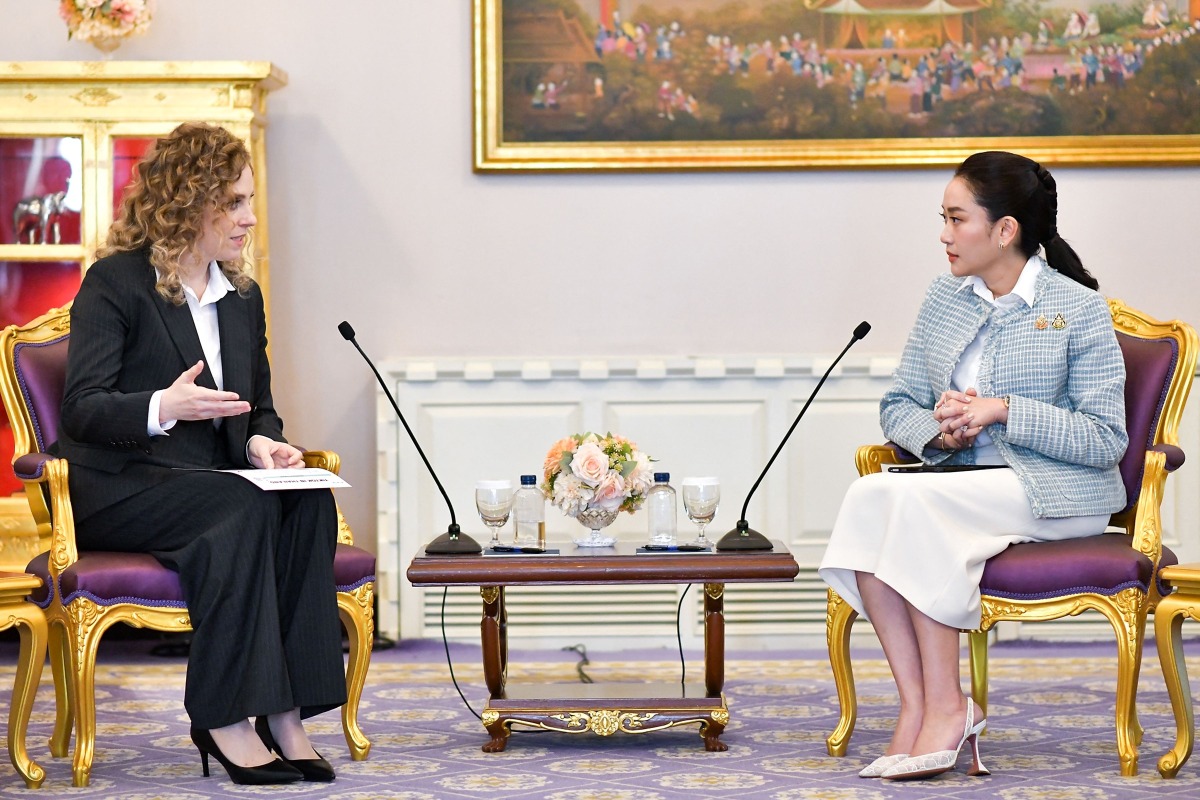 This handout photo from the Royal Thai Government taken and released on February 28, 2025 shows Thailand's Prime Minister Paetongtarn Shinawatra (R) meeting with Helena Lersch (L), TikTok's vice president of public policy, at Government House in Bangkok. Photo by Handout / ROYAL THAI GOVERNMENT / AFP