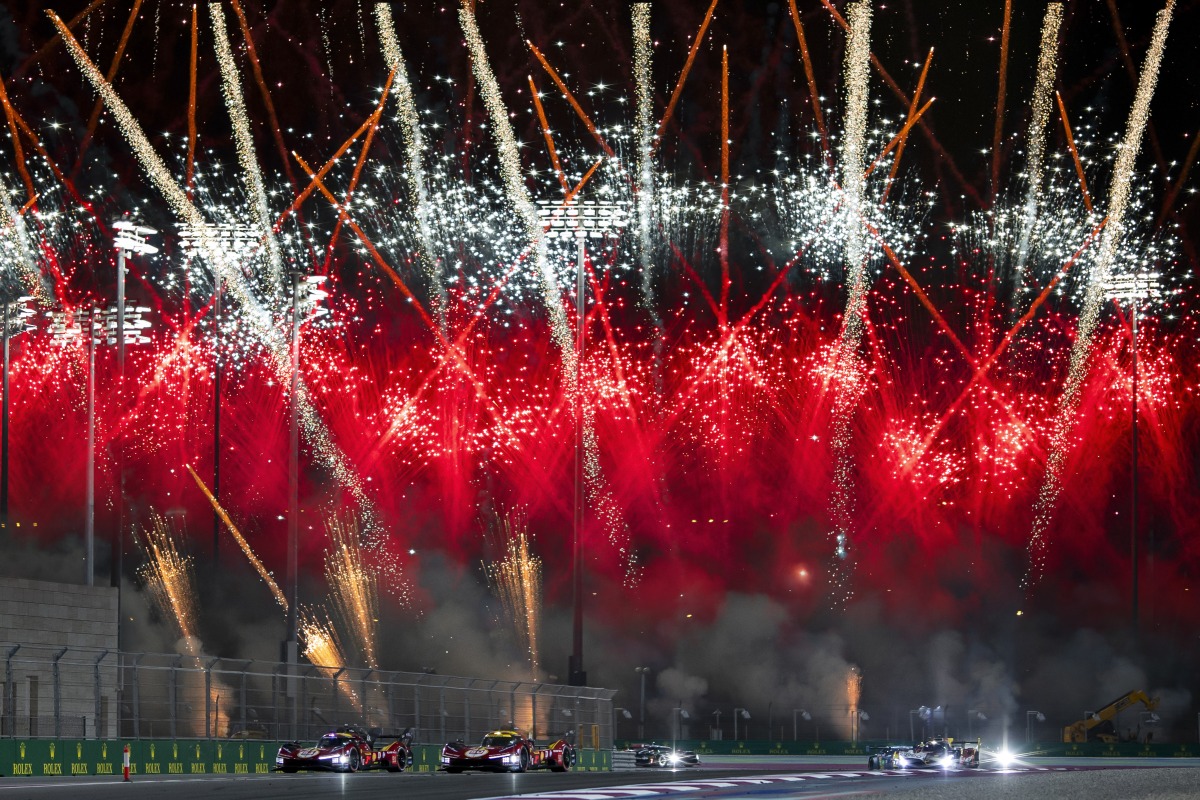 Fireworks set off as competitors complete the FIA World Endurance Championship (WEC) Qatar 1812 KM race at the Lusail International Circuit.