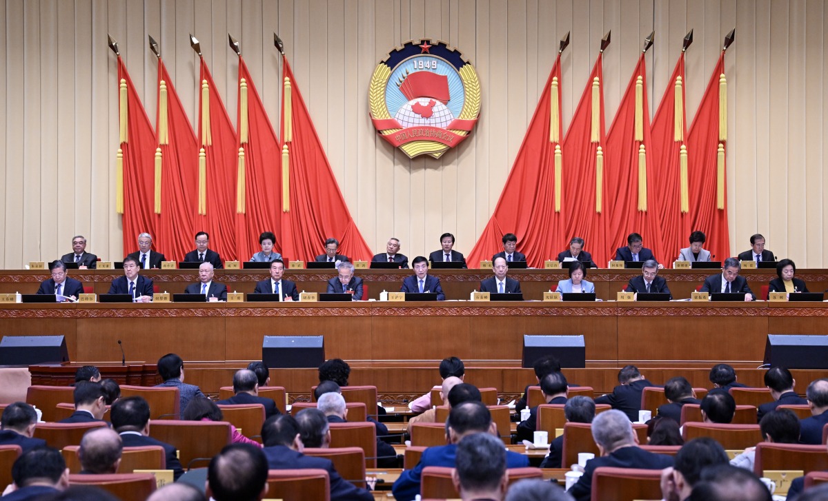 Wang Huning, a member of the Standing Committee of the Political Bureau of the Communist Party of China (CPC) Central Committee and chairman of the National Committee of the Chinese People's Political Consultative Conference (CPPCC), presides over the closing meeting of the 10th session of the Standing Committee of the 14th CPPCC National Committee and delivers a speech at the meeting in Beijing, capital of China, March 2, 2025. (Xinhua/Xie Huanchi)
