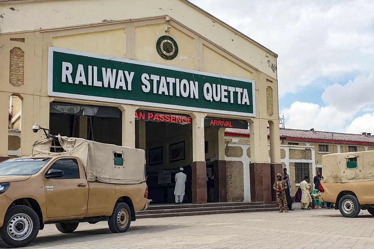 A paramilitary soldier stands guard at a railway station in Quetta on March 12, 2025. Pakistan forces launched a 
