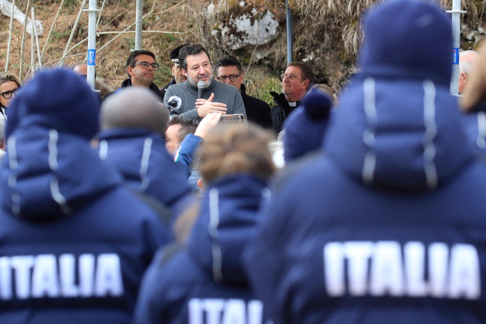 Italy's Deputy Prime Minister and Minister of Infrastructure and Transport, Matteo Salvini attends the pre-homologation of the new Cortina Sliding Centre ahead of the Olympic Winter Games Milano Cortina 2026, in Cortina on March 25, 2025. (Photo by Pierre Teyssot / AFP)
