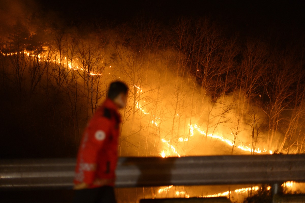 A member of the Korea Forest Service observes a wildfire from the side of a road in Andong early on March 27, 2025. Photo by ANTHONY WALLACE / AFP