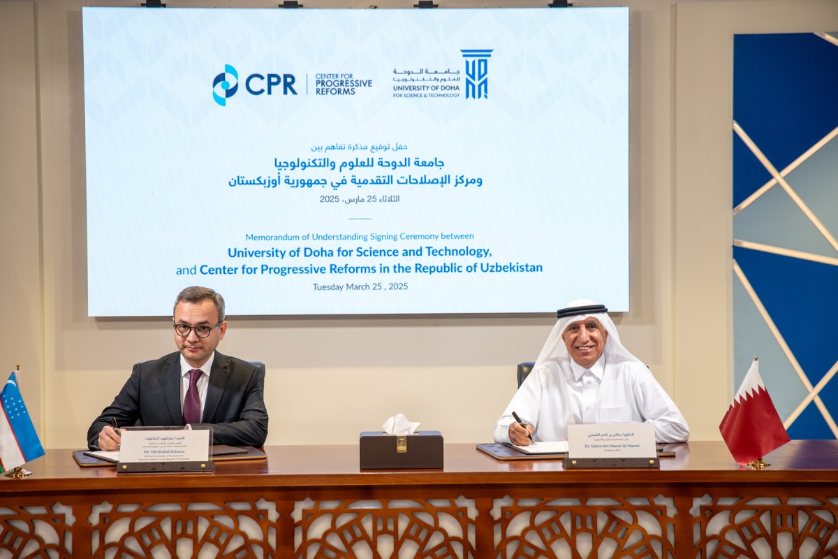 UDST President Dr. Salem Al Naemi (right) and CEO and Co-Founder of Centre for Progressive Reforms in Uzbekistan signing the memorandum of understanding.