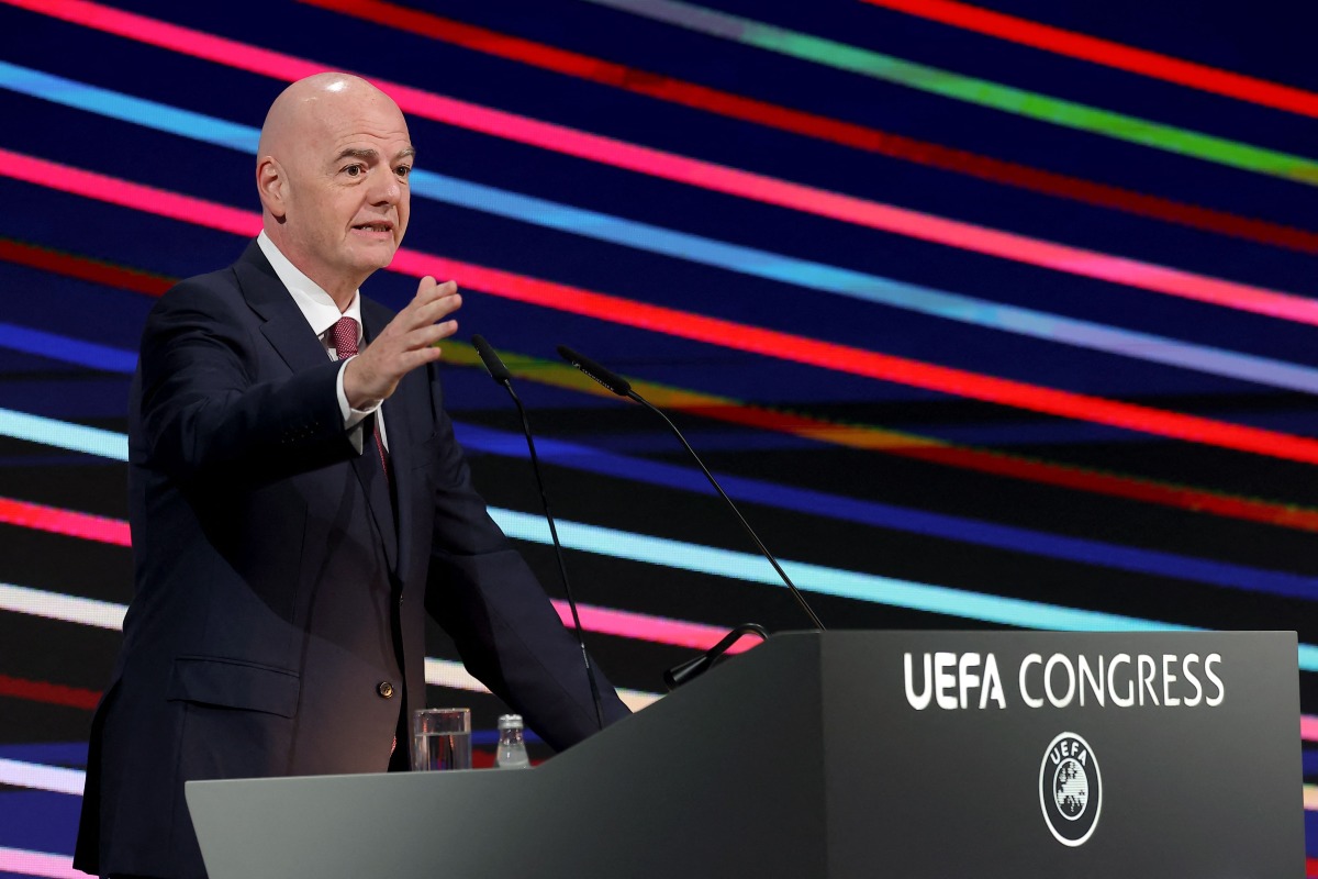 President of FIFA Gianni Infantino addresses the audience during the 49th UEFA ordinary Congress held at the “Sava Centar” congress center in Belgrade on April 3, 2025. (Photo by PREDRAG MILOSAVLJEVIC / AFP)