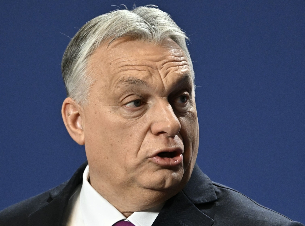 Hungary's Prime Minister Viktor Orban speaks during a press conference with Israel's Prime Minister (unseen) after bilateral talks on April 3, 2025 in Budapest, Hungary. (Photo by Attila Kisbenedek / AFP)
