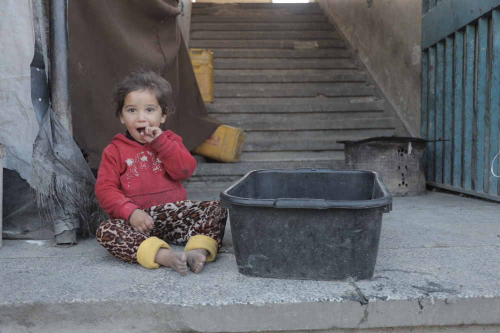 A displaced Palestinian child is seen at a school-turned shelter in Beit Lahia in the northern Gaza Strip, on April 5, 2025. (Photo by Abdul Rahman Salama/Xinhua)
 