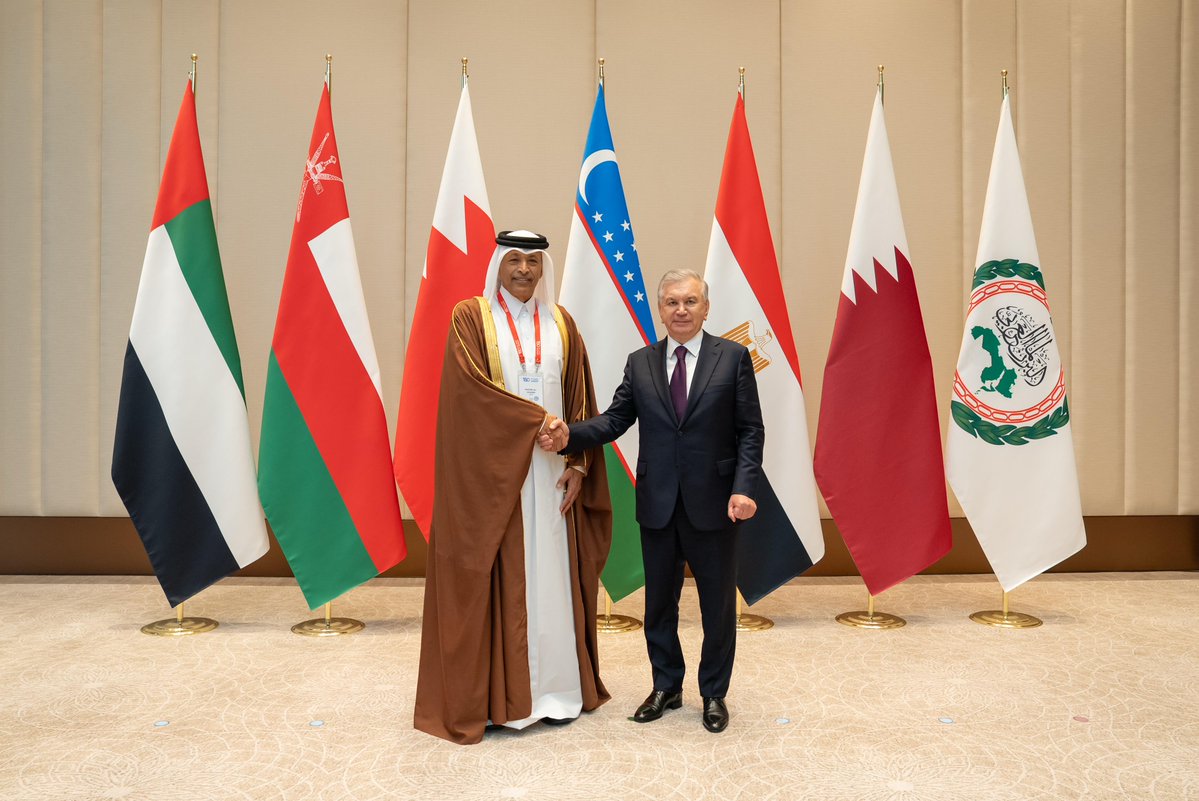 President of Uzbekistan H E Shavkat Mirziyoyev with Speaker of the Shura Council H E Hassan bin Abdullah Al Ghanim.