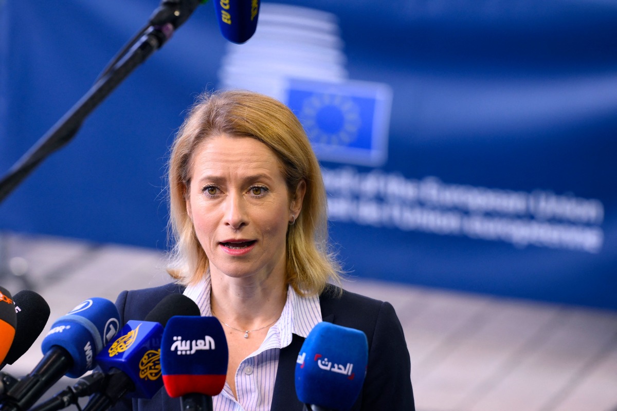 EU High Representative and Vice-President for Foreign Affairs and Security Policy Kaja Kallas speaks to the press as she arrives for a European Union Foreign Affairs Council meeting at the European Convention Center Luxembourg (ECCL) in Luxembourg City on April 14, 2025. (Photo by JOHN THYS / AFP)