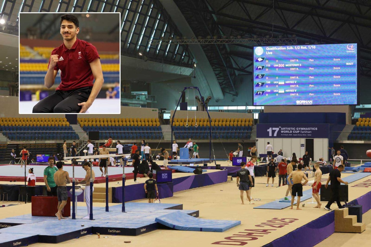 A general view during a final training session yesterday. INSET: Qatari gymnast Rakan Al Hareth gestures during a training session.