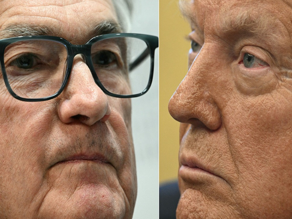 (COMBO) This combination of pictures created on April 21, 2025 shows, L-R, US Federal Reserve Chair Jerome Powell in Arlington, Virginia, on April 4, 2025 and US President Donald Trump in the Oval Office of the White House in Washington, DC, on April 17, 2025. (Photo by Brendan SMIALOWSKI / AFP)
