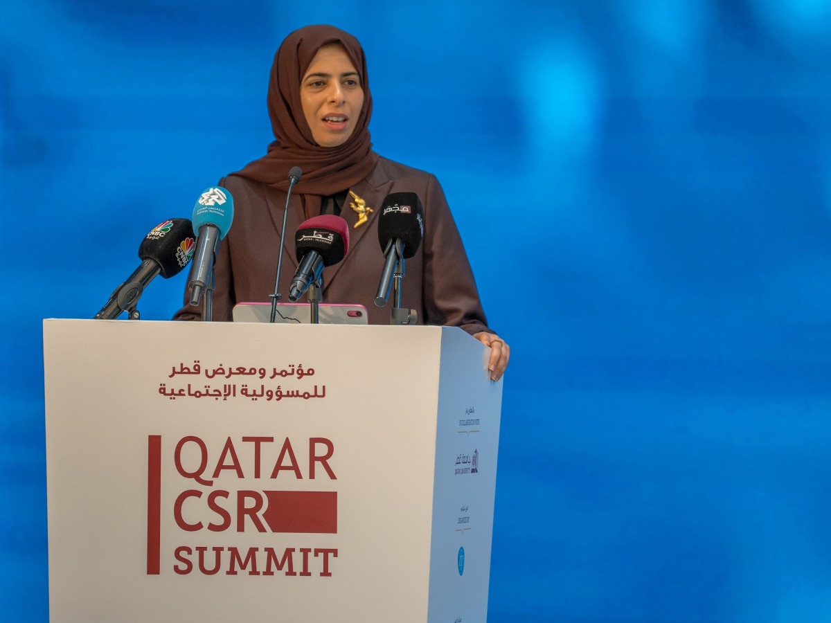 Minister of Education and Higher Education H E Lolwah bint Rashid Al Khater delivering the opening remarks at the summit.