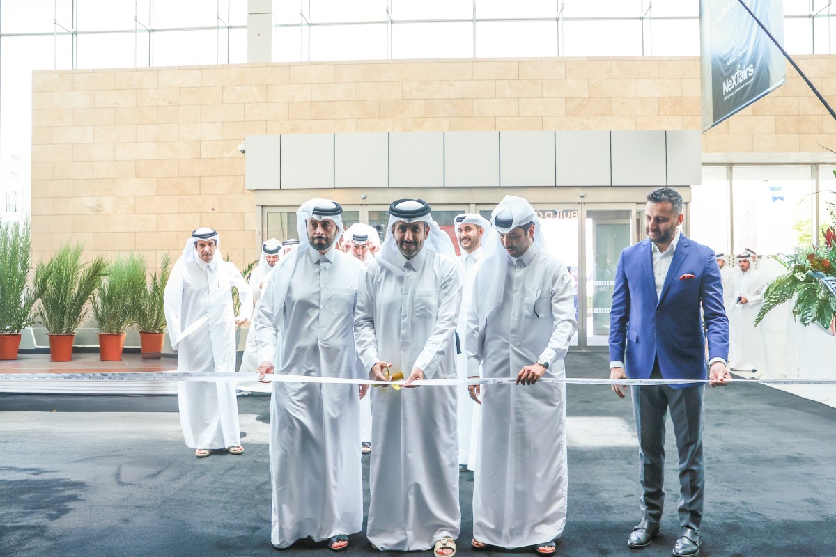 Minister of Commerce and Industry, H E Sheikh Faisal bin Thani bin Faisal Al Thani and Minister of Municipality and Environment, H E Abdullah bin Hamad bin Abdullah Al Attiyah, along with other officials during the opening ceremony of Build Your House Exhibition.