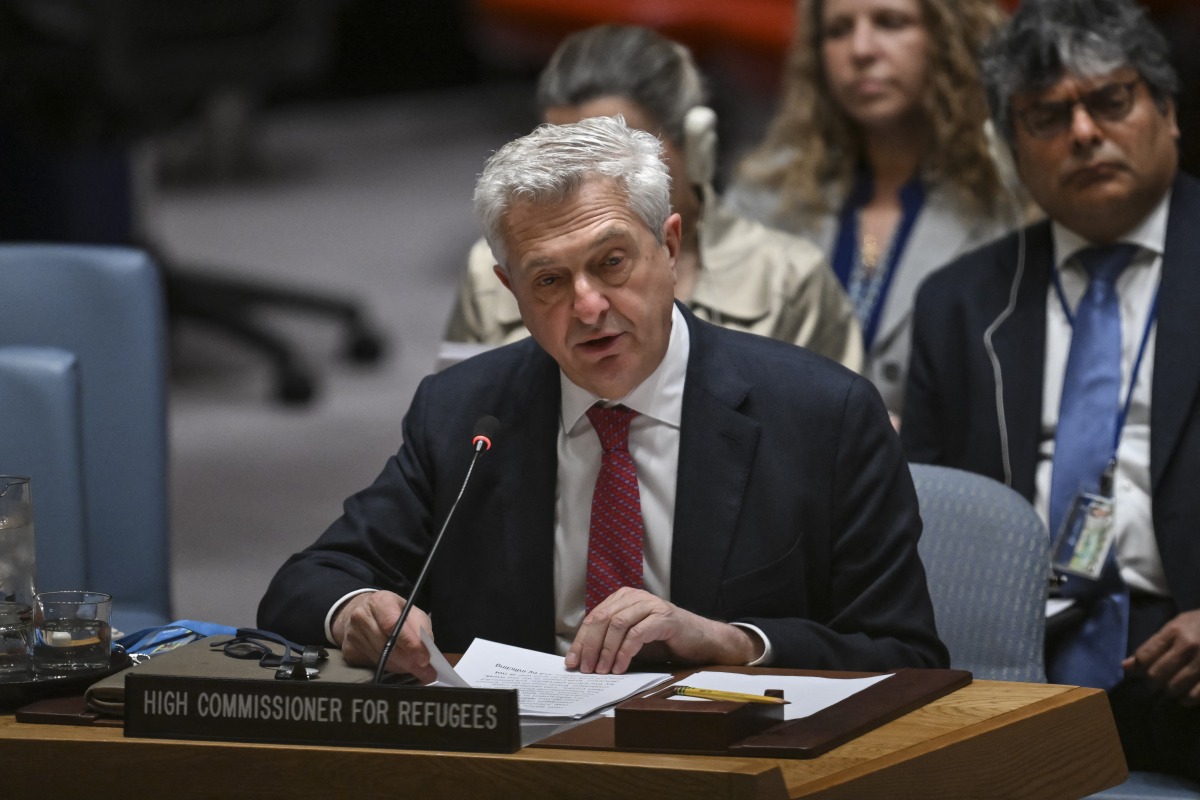 UN High Commissioner for Refugees Filippo Grandi addresses the Security Council at United Nations headquarters in New York City on April 28, 2025. Photo by ANGELA WEISS / AFP.
