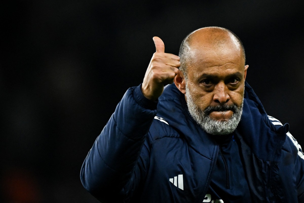 Nottingham Forest's Portuguese manager Nuno Espirito Santo does a thumb up as he celebrates at the end of the English Premier League football match between Tottenham Hotspur and Nottingham Forest at the Tottenham Hotspur Stadium in London, on April 21, 2025. (Photo by Ben STANSALL / AFP) 