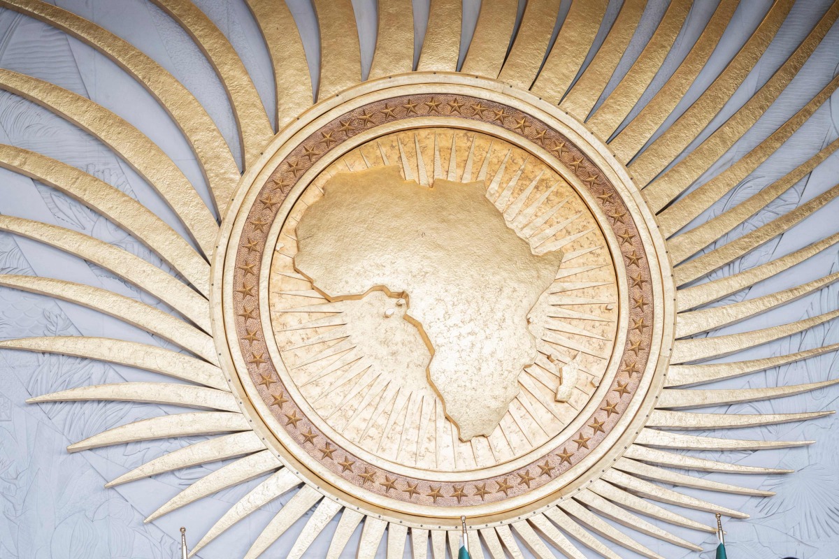 (FILES) A general view of the logo of the African Union during the 38th African Union (AU) Summit, where leaders will elect a new head of the AU Commission, at the AU Headquarters in Addis Ababa on February 15, 2025. (Photo by Amanuel Sileshi / AFP)