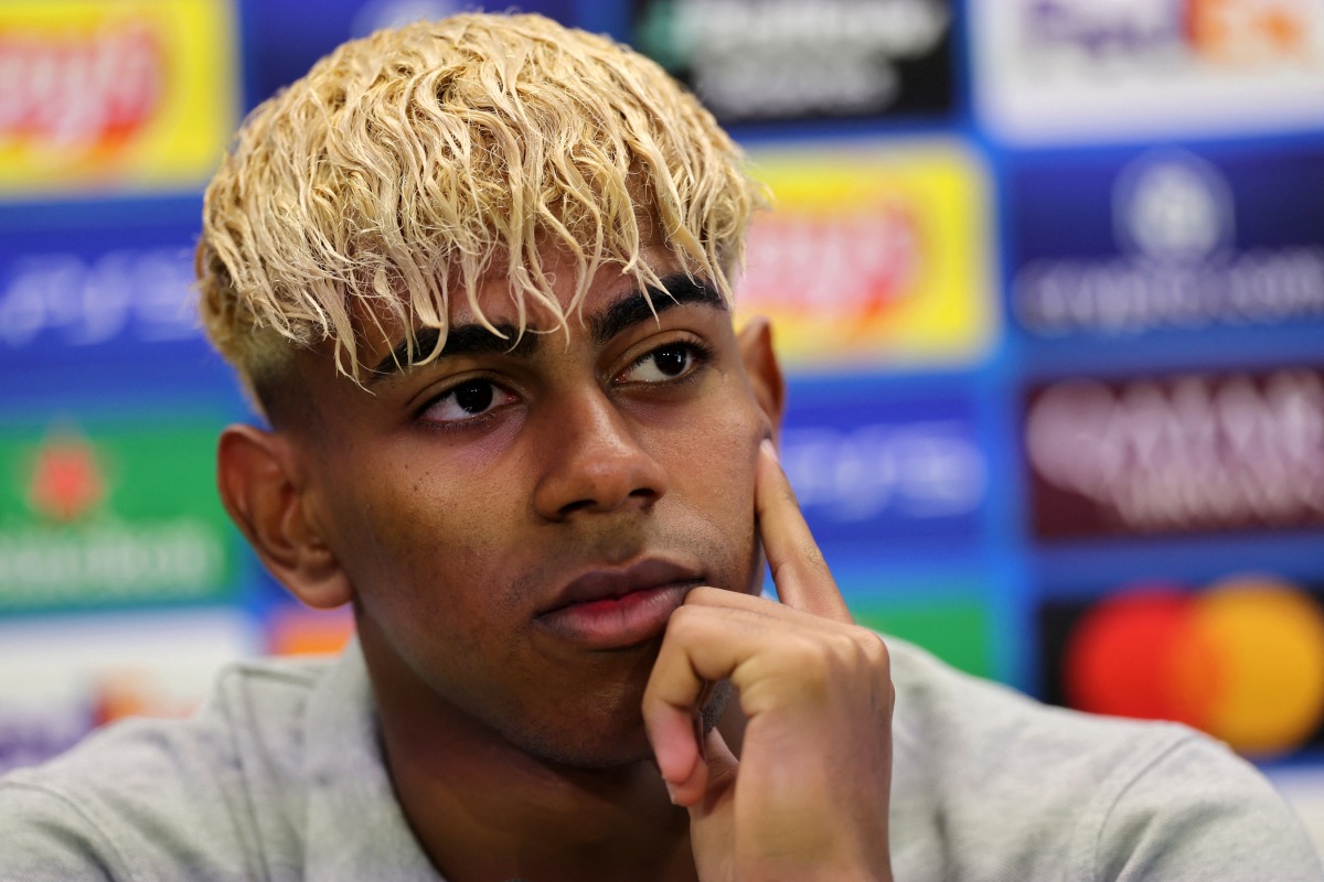 Barcelona's Spanish forward Lamine Yamal addresses a press conference on the eve of the UEFA Champions League semi-final first leg football match between FC Barcelona and Inter Milan at the Joan Gamper training ground in Sant Joan Despi, near Barcelona, on April 29, 2025. (Photo by LLUIS GENE / AFP)