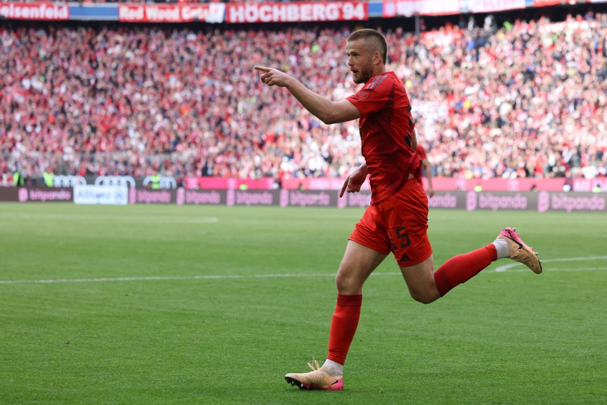Bayern Munich's English defender #15 Eric Dier celebrates scoring his team's third goal during the German first division Bundesliga football match between FC Bayern Munich and 1 FSV Mainz 05 in Munich, southern Germany on April 26, 2025. (Photo by Alexandra BEIER / AFP)