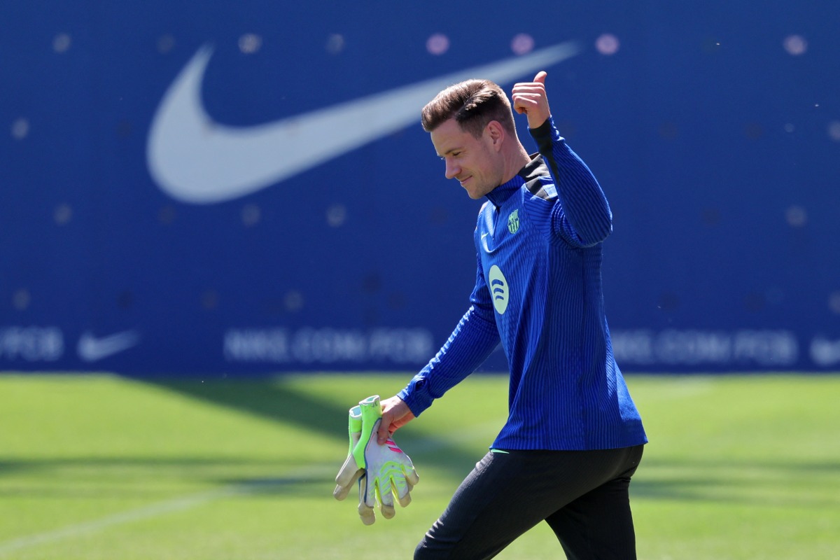 Barcelona's German goalkeeper #01 Marc-Andre Ter Stegen attends a training session on the eve of the UEFA Champions League semi-final first leg football match between FC Barcelona and Inter Milan at the Joan Gamper training ground in Sant Joan Despi, near Barcelona, on April 29, 2025. (Photo by LLUIS GENE / AFP)