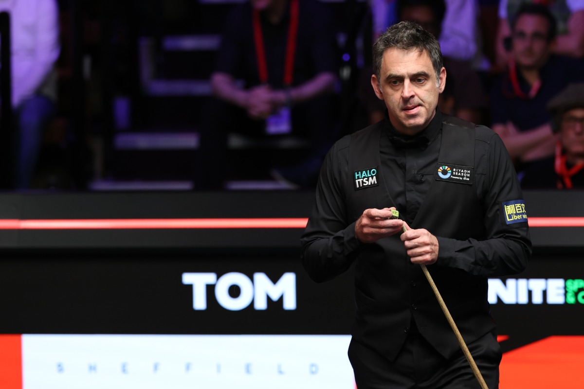 Ronnie O'Sullivan reacts during the quarter-final match between Ronnie O'Sullivan of England and Si Jiahui of China at World Snooker Championship 2025 in Sheffield, Britain, April 30, 2025. (Photo by Zhai Zheng/Xinhua)
