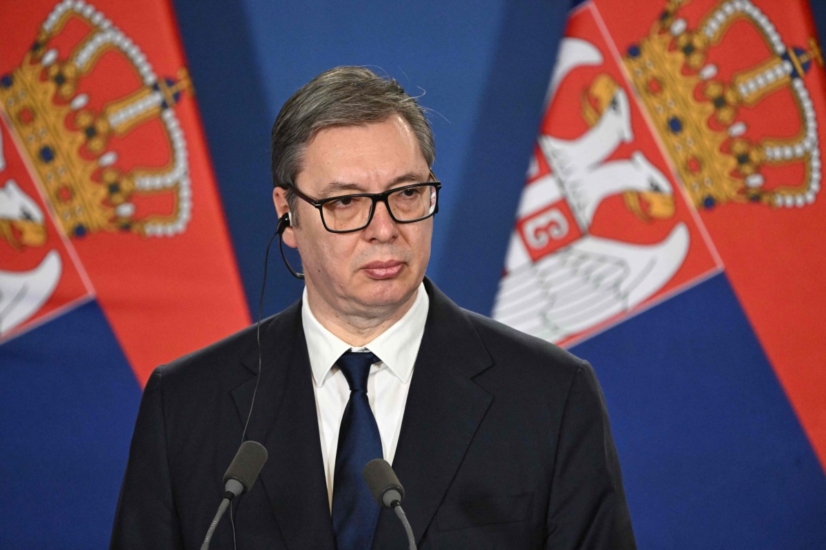 (FILES) Serbian President Aleksandar Vucic listens during a joint press conference with the Hungarian Prime Minister at the Prime Minister's Office at Buda Castle in Budapest, Hungary, on February 17, 2025. (Photo by Attila KISBENEDEK / AFP)
