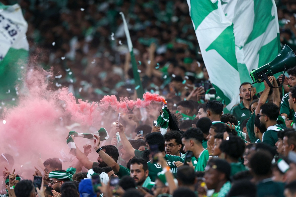 Ahli fans cheer during the AFC Champions League final match between Saudi's Al-Ahli and Japan's Kawasaki at King Abdullah Sports City in Jeddah on May 3, 2025. (Photo by AFP)
