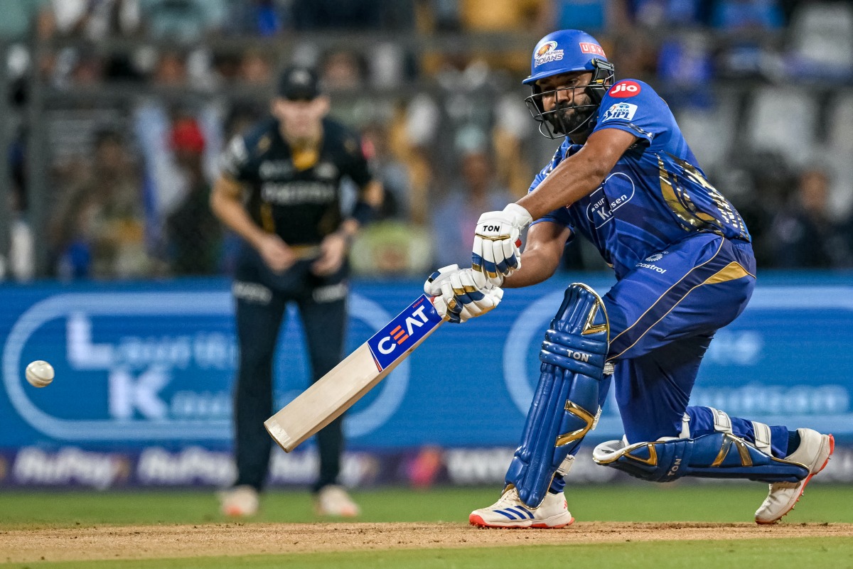 Mumbai Indians' Rohit Sharma plays a shot during the Indian Premier League (IPL) Twenty20 cricket match between Mumbai Indians and Gujarat Titans at the Wankhede Stadium in Mumbai on May 6, 2025. (Photo by INDRANIL MUKHERJEE / AFP)