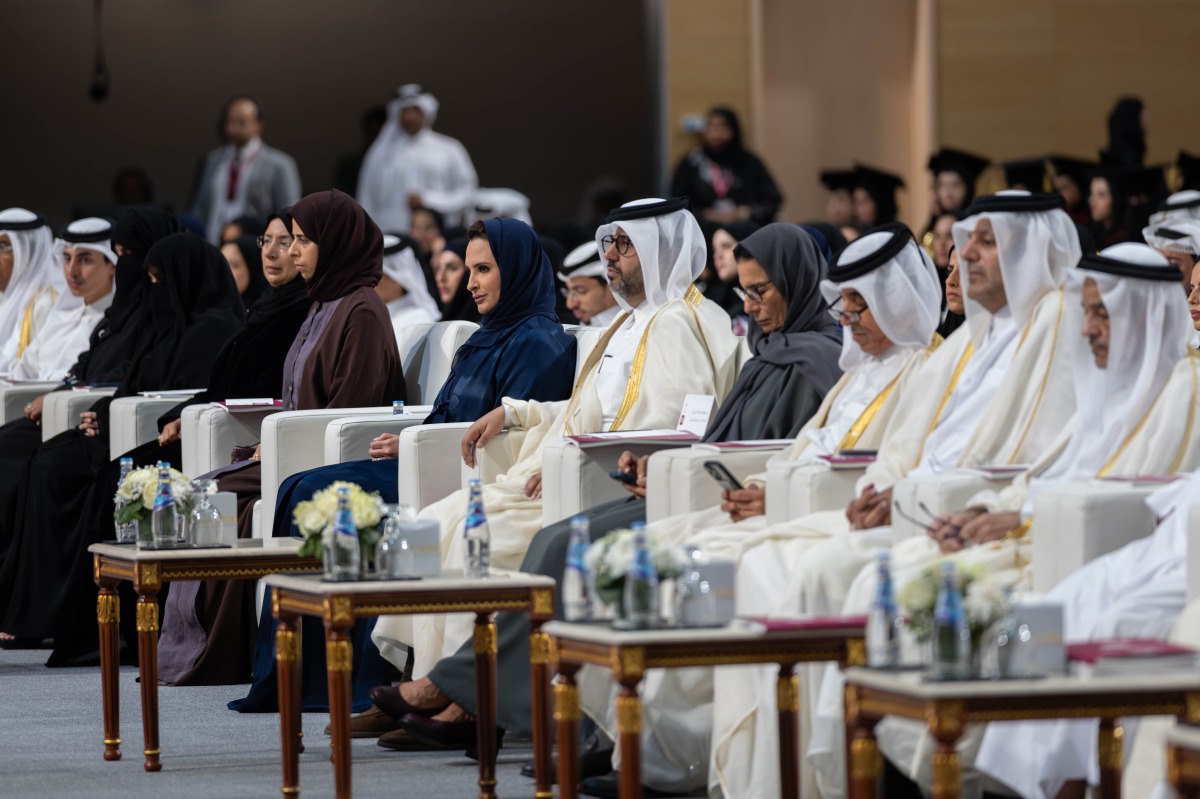 Consort of H H the Amir H H Sheikha Jowaher bint Hamad bin Suhaim Al-Thani; Minister of Education and Higher Education H E Lolwah bint Rashid Al Khater and other dignitaries at Qatar University’s  Graduation Ceremony of the 48th batch (class of 2025) of female students, yesterday. 