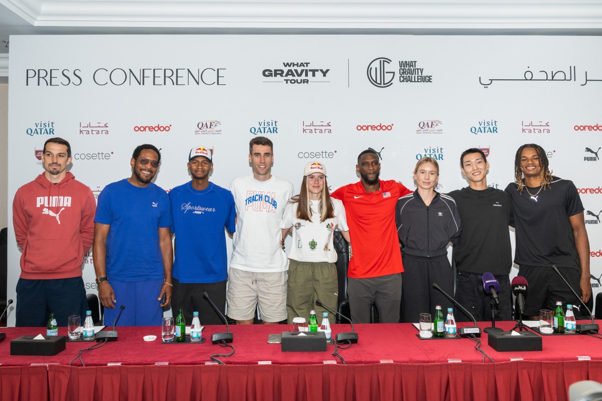 Qatar’s Mutaz Barshim (third left) poses for a picture with other athletes at the pre-event press conference yesterday. 